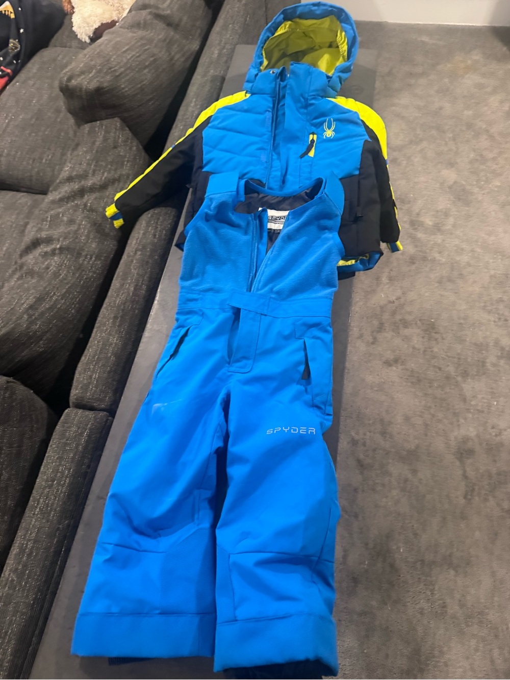 Spyder Kids Bright Blue Ski Bib and Jacket Set with Yellow Accents